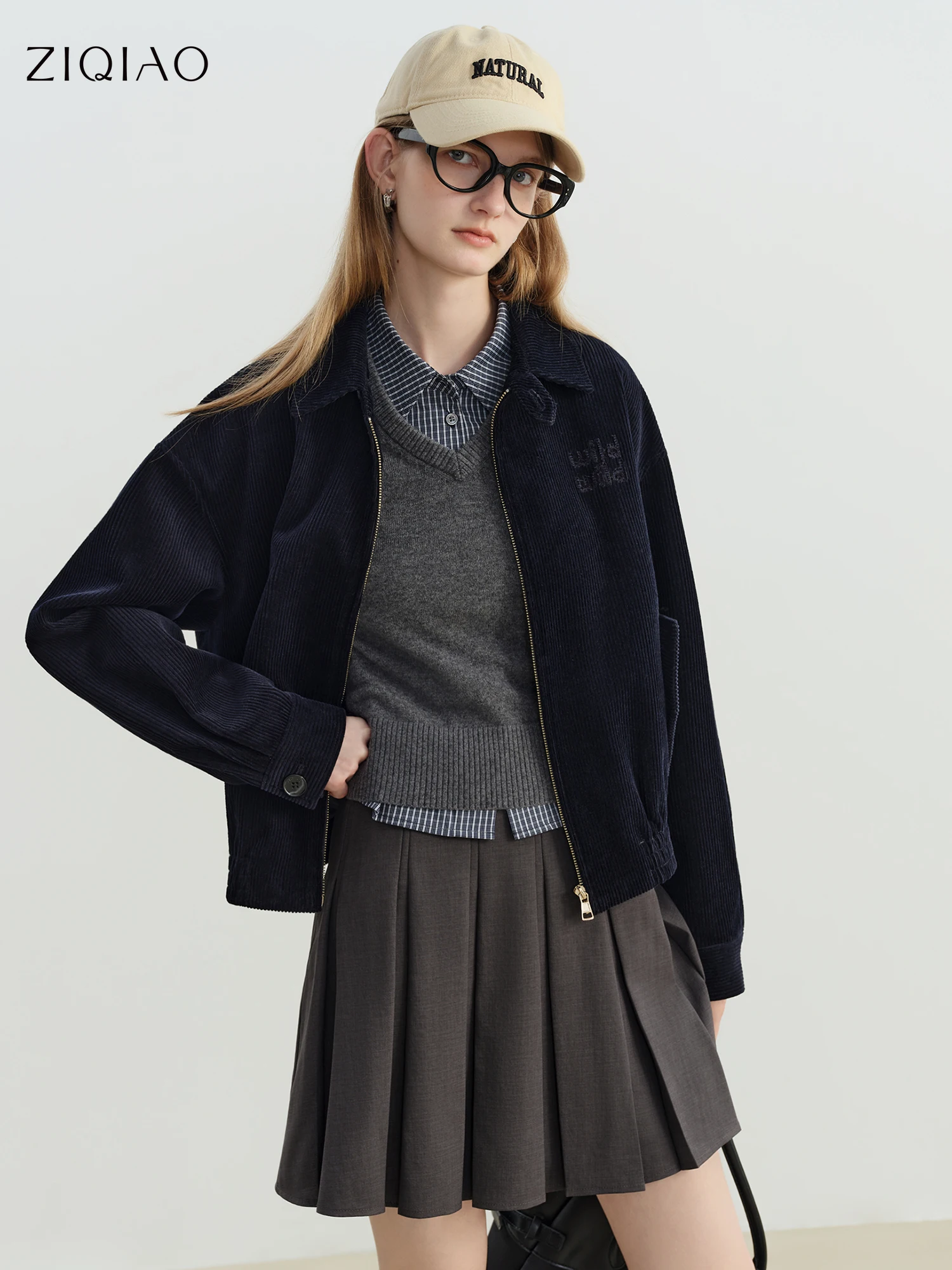 

ZIQIAO Petite Retro Miu-Inspired Collegiate Corduroy Jacket with Small Turnover Collar 2025 Autumn Winter New Collection Jackets