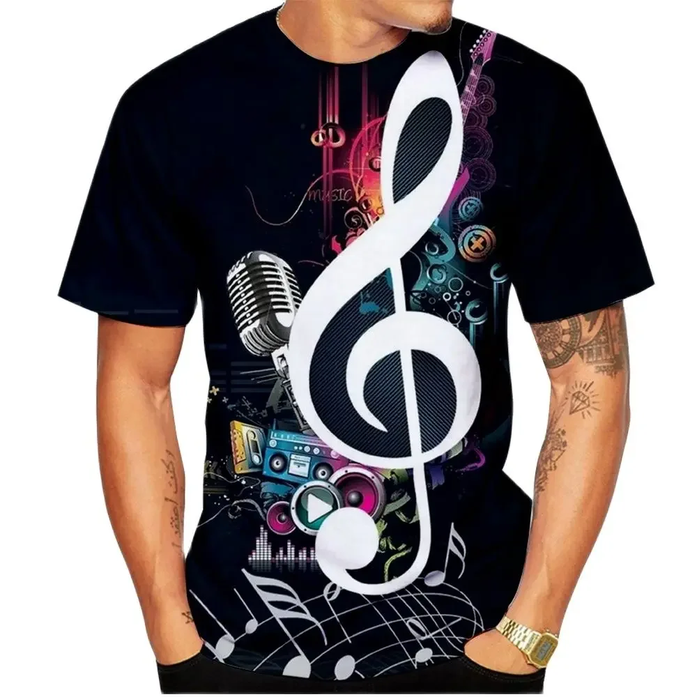 

2023 Men's Summer Casual Short Sleeve Large Size Loose Thin and Breathable Men's T-shirt 3D Printing Music Notes Fashion