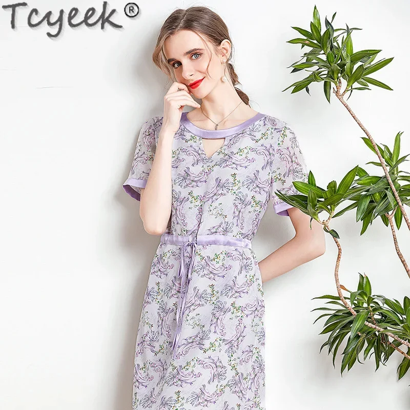 100% Tcyeek Maul beers eide Midi Sommer Damen elegante es für Frauen Schnür druck Kleid Vestidos