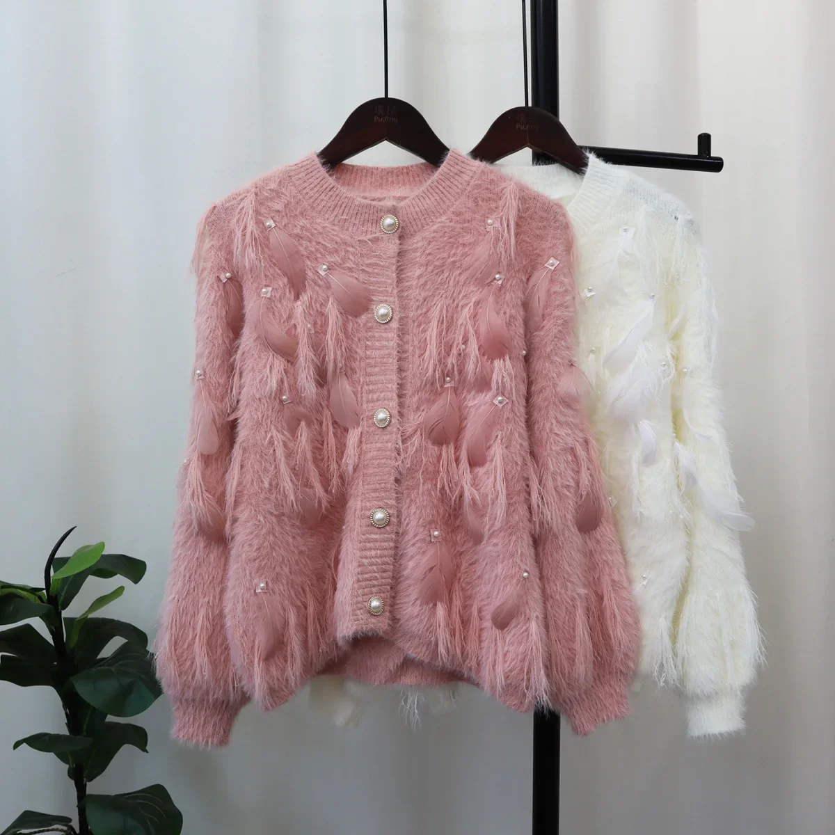 Fur Long Sleeve Cardigan Fluffy Top Beaded Autumn Winter 2024 Pink Knitted Sweaters Women Spring Tops Jumpers Knit Pullovers