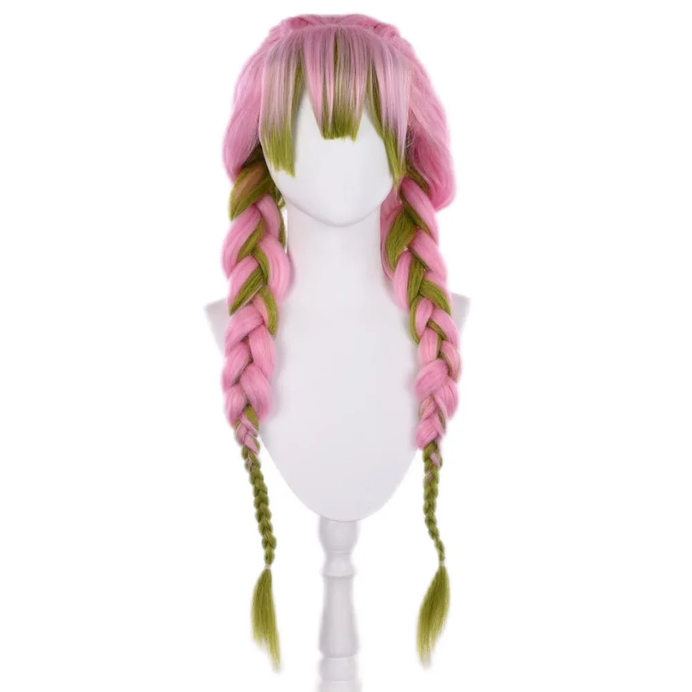 

Парик для косплея Mitsuri для DS, длинный розовый, зеленый парик с косой, аниме, косички для волос, парики с кепкой для костюмированной вечеринки на Хэллоуин