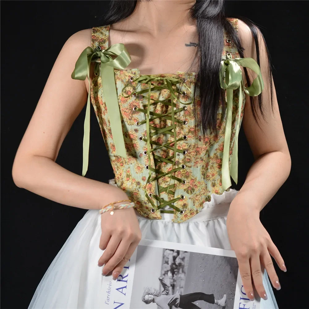 Floral Print Crop Tops Overbust Female Sleeveless Bandage Short Strap Vest For Women Vintage Fashion French Style Lace up Corset