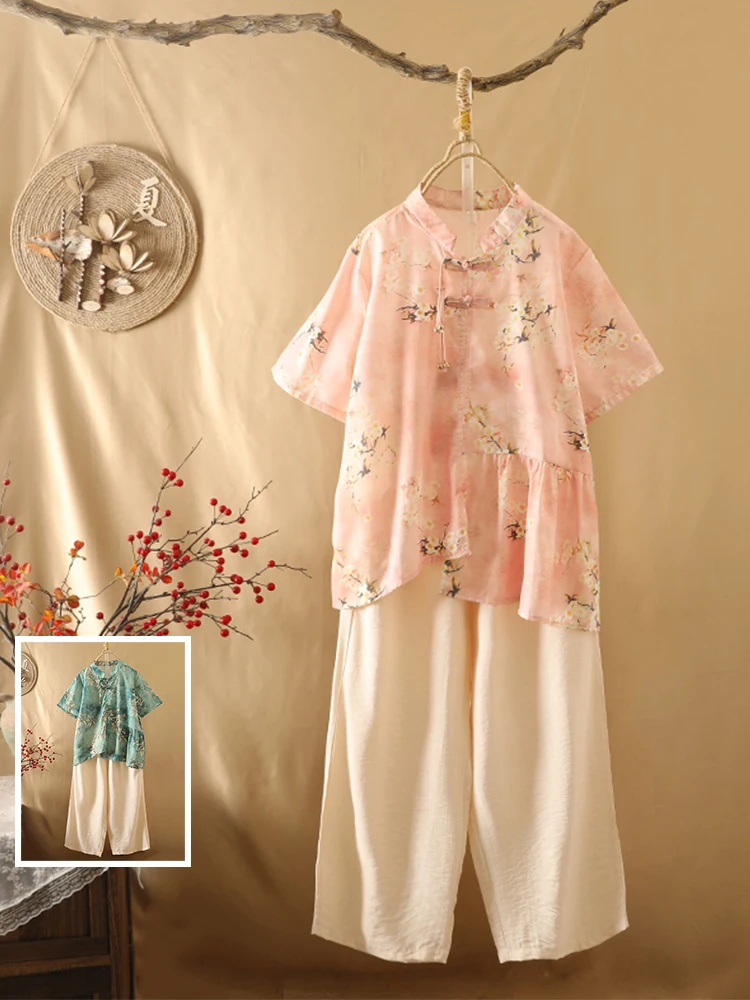 

Ретро комплект на пуговицах больших размеров Faion, женский комплект с асимметричным цветочным принтом ort Sve, утягивающие широкие брюки, комплект из двух предметов