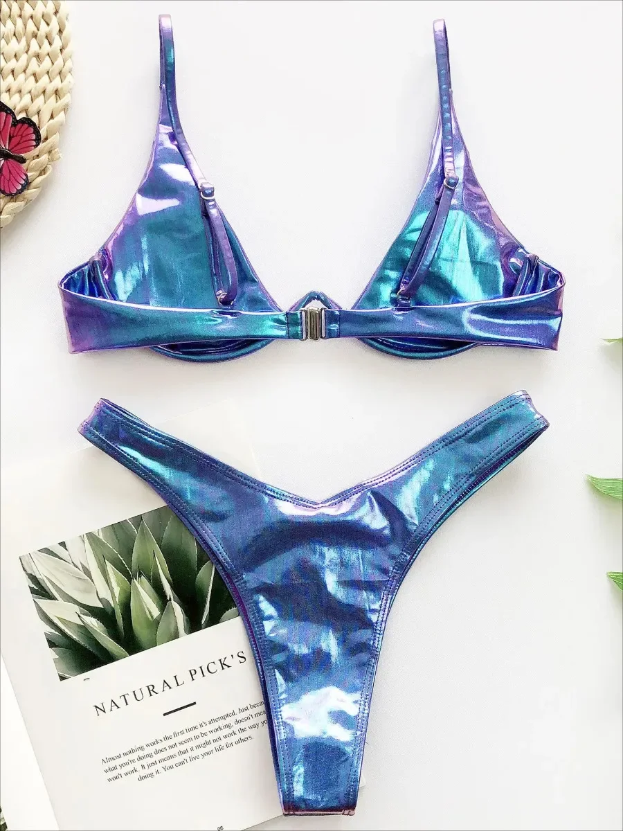 Blue Gradient Shiny Bikini Women 2025 New 2 Piece Underwire Swimsuit Sexy V-neck Suspender Push Up Suspender Backless Swimwear