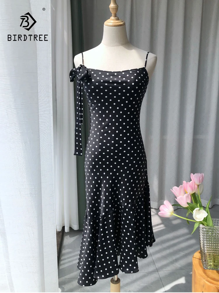 

BirdTree-19MM 100% Silk Elegant Suspender Strap Dress, Women High Waist Dot Print, French Ruffles Dresses, 2025 Summer D55556CC