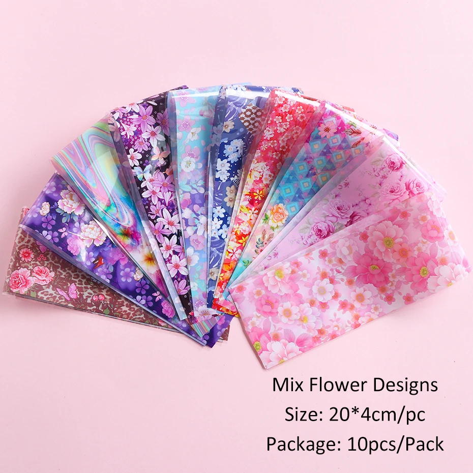 10pcs Colorful Flowers Print Stickers On Nails Foils Starry Sky Wraps Transfer Decals For Manicure Spring Nail Art Decorations