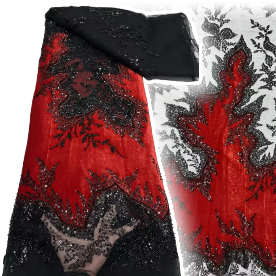 

Velvet Beaded Sequined Embroidered Lace Fabric 5yards Golden Luxury French Nigerian Dress Fabric for Evening Wear Material S1324