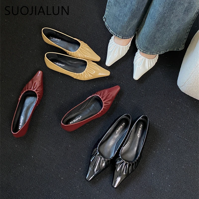 SUOJIALUN 2024 Spring New Women Flat Shoes Fashion Pleated Pointed Toe Ladies Ballerinas Shoes Flat Heel Shallow Slip On Ballet