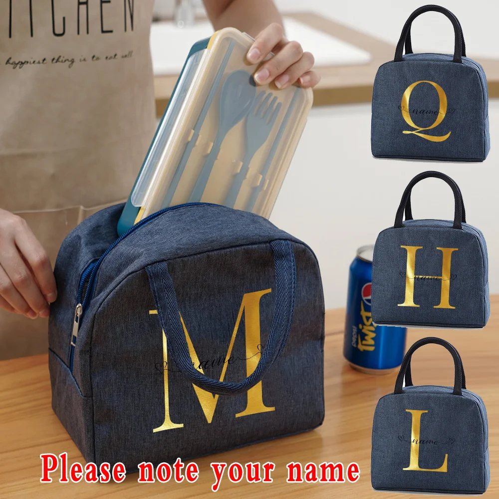 Thermal Lunch Bag Waterproof Lunch Box Bento Pouch Dinner Custom Name Letter Insulation Picnic Bag Portable Student Lunch Bag