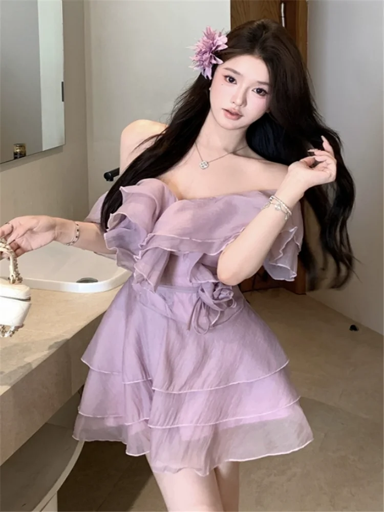 Vestido de fiesta sin tirantes con volantes morados elegante de verano para mujer, minivestido Sexy de verano con hombros descubiertos y cuello oblicuo