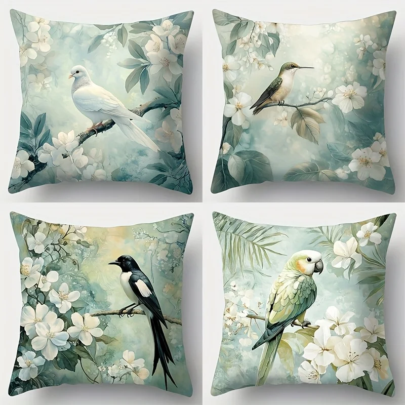 -4pcs set, spring and summer printed pillowcase. The pattern has white doves, hummingbirds, magpies, parrots on branches of whit