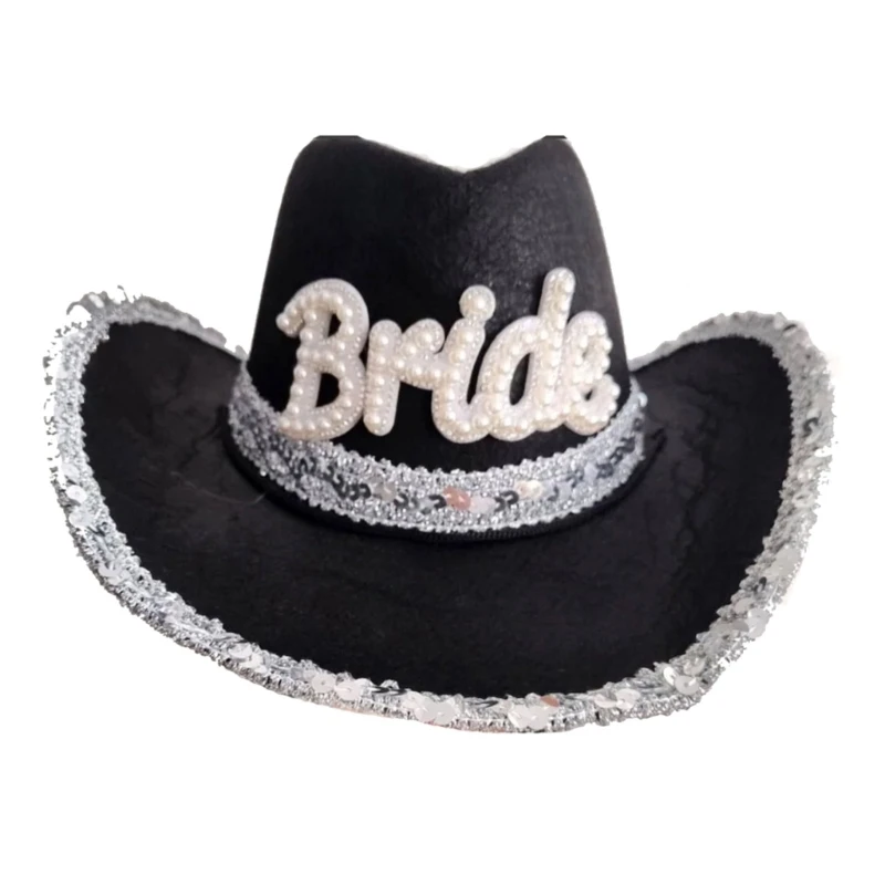 Sequined Trim Bridal Cowboy Cap with Pearls Letter for Bridal Shower Bachelorette Y166