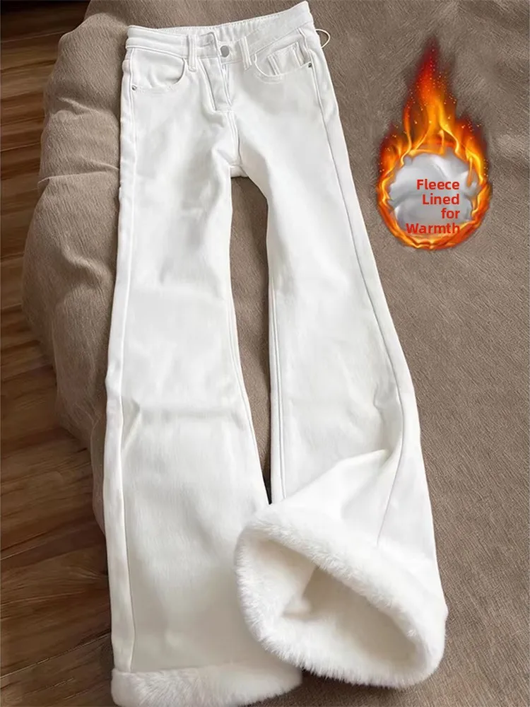 

Мужские зимние джинсы Thiened Fce на подкладке с высокой талией для похудения, прямые джинсы, американские брюки-колокольчики, повседневная застежка-молния...