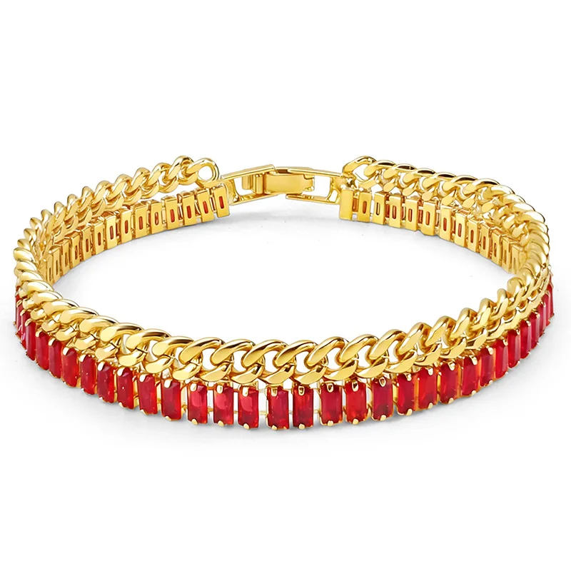 

Fashion Jewelry Copper Bracelet For Women Double Layer Chain Bracelets Red Rectangular Zircon Design Exquisite Jewelry