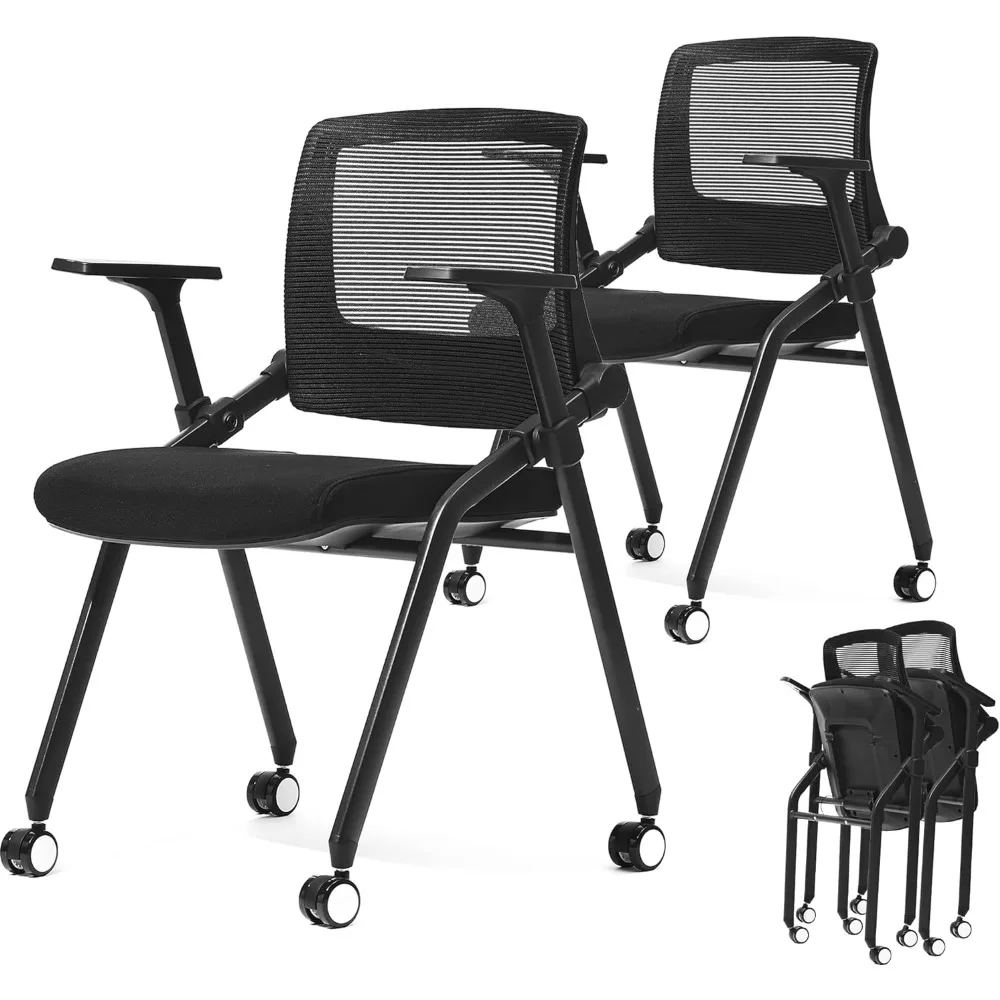 FYLICA Foldable Office Chair Set of 2 with PU Wheels and Sliding Armrest-Ergonomic Mesh Bouncing Back, Stackable Conference Room