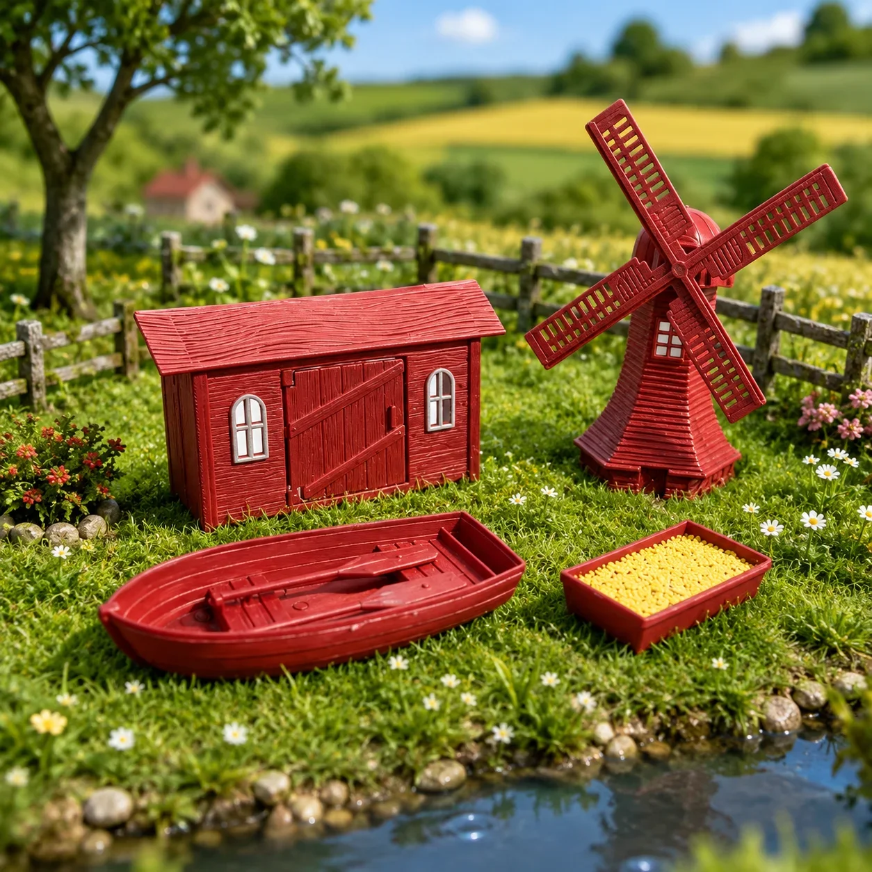 4pcs/1set Miniature Windmill Cottage Set, doll House, Red Small House, Fishing Boat Storage Basin Model, Shooting Scene Props