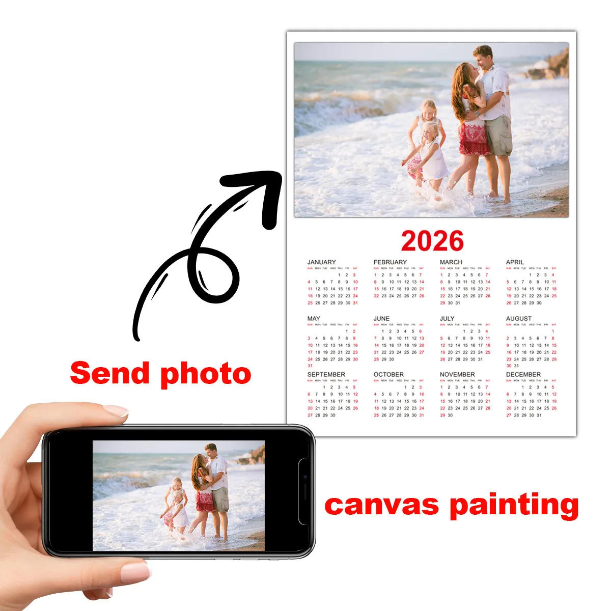 Personalisierter individueller Fotokalender-Leinwanddruck, 2D/Flach, Einzelstück, ungerahmt, maßgeschneidert 2026 Familienfotokalender Art Home C