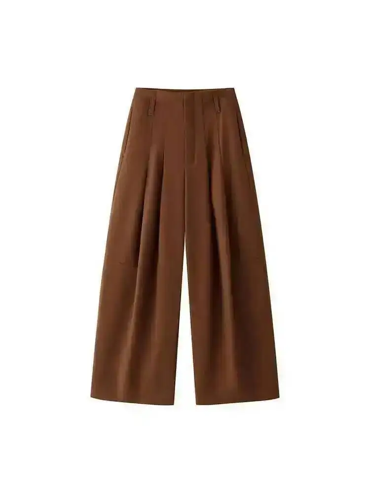 [LANMREM] 2026 Winter New Thick Warm Pants For Women High Waist Pleated Wide Leg Trousers Office Lady Clothes Minimalism 26C967