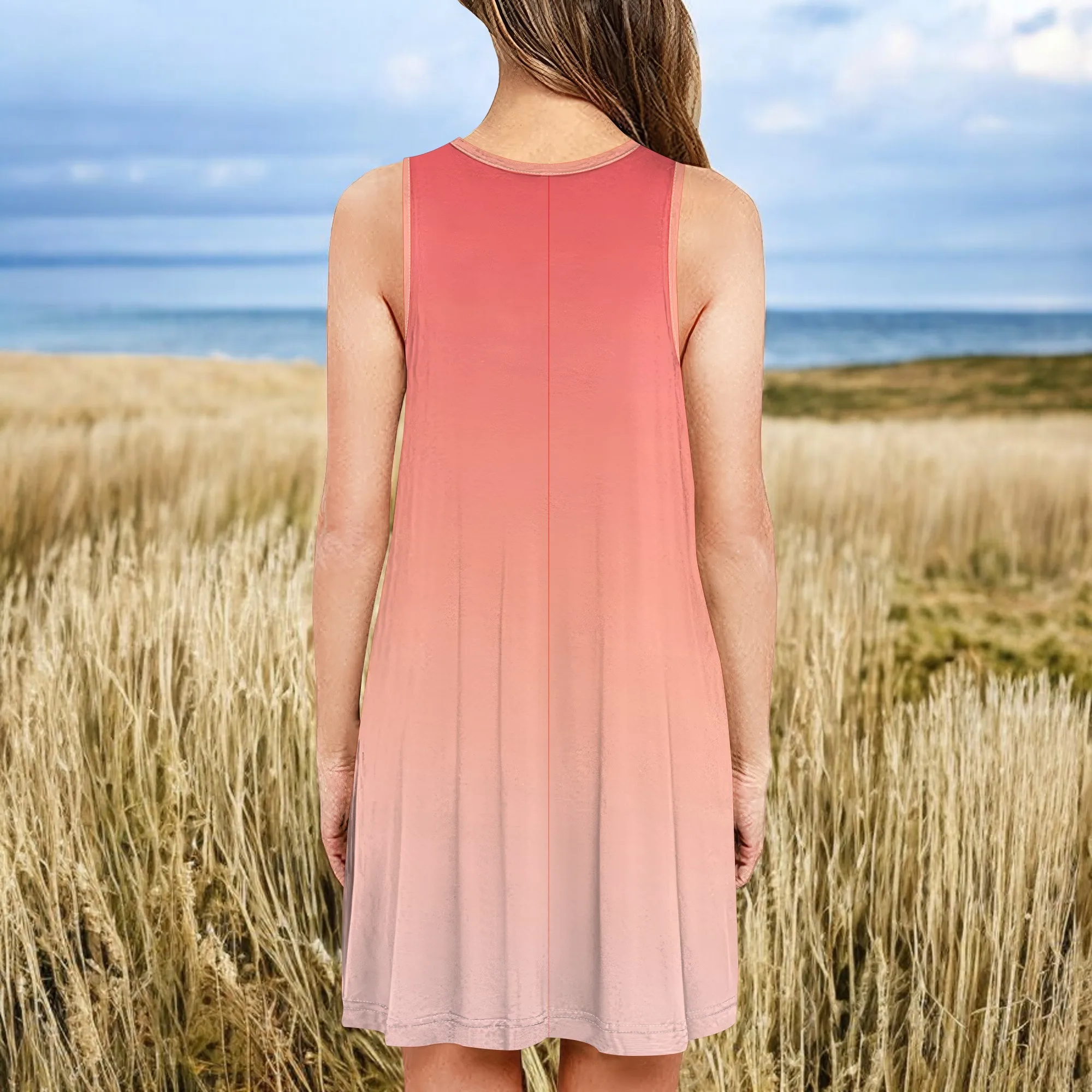 ผู้หญิงฤดูร้อนเสื้อยืด Midi ชุดเดรสแขนกุดชายหาดสีทึบชุด Tunic Swing Casual หลวม Sundress พร้อมกระเป๋า