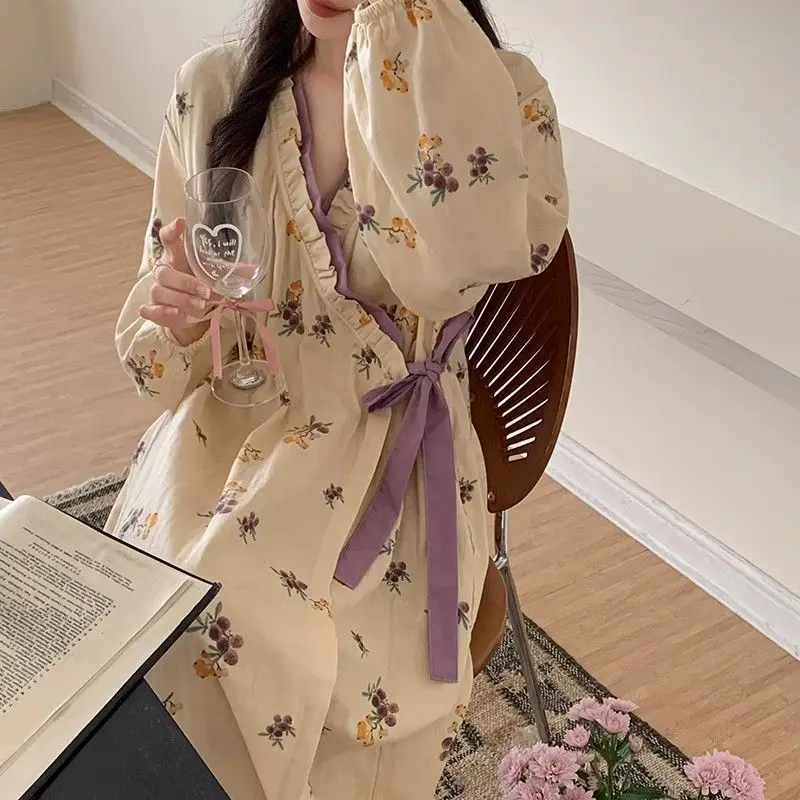 

New Korean Style Long-sleeved Nightgown for Women's Retro Style Chinese Style Nightgown Long Home Clothes Autumn Winter Pyjamas