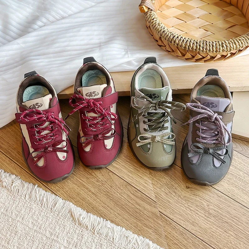 Kids Girls Retro Sneakers, Polka‑Dot Patch‑Up Casual Running Shoes, Hook‑and‑Loop Lace‑Up Non‑Slip Athletic Walking Shoes