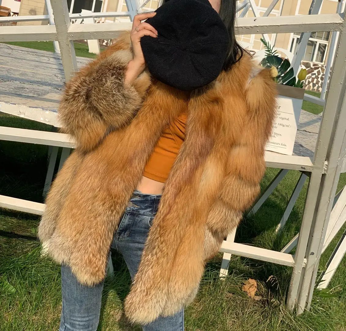 ANNSIRGRA Winter Women 100% Natural Fur Jacket Real Fox Fur Coat Silver Fox Fur Luxury Fashion 70cm Mid-length Overcoat Hot 2023