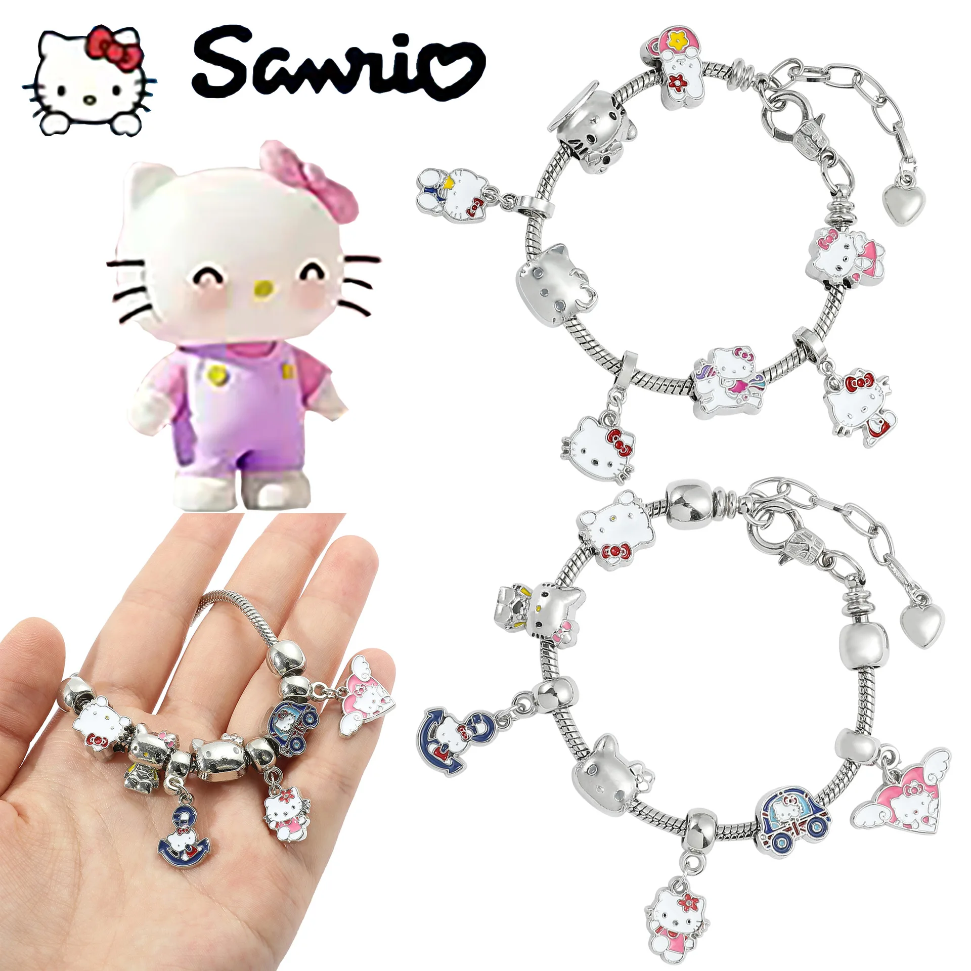 

Hello Kitty Sanrio Bracelet Chain Women Silver Color Charms Bracelet Girl Basic Jewelry Beads Accessories Kids Birthday DIY Gift