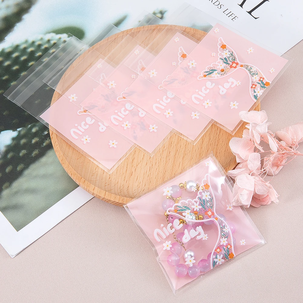 50pcs OPP Self-Sealing Bags Pink Mermaid Tail Print Self-Adhesive Bags for Diy Jewelry Display Handmade Baking Cookies Packaging