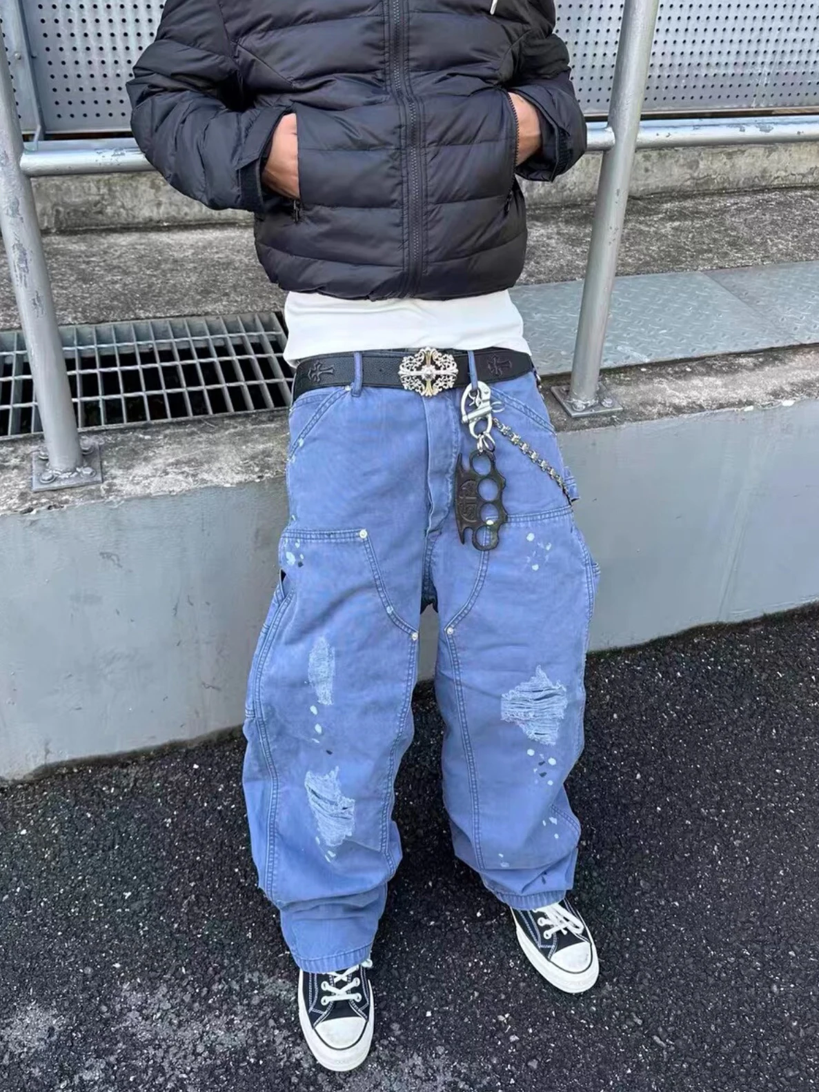 

American High Street Sle Men's Casual Loose Straight Leg Work Trousers with Knee Dyeing Vintage Logging Long Pants