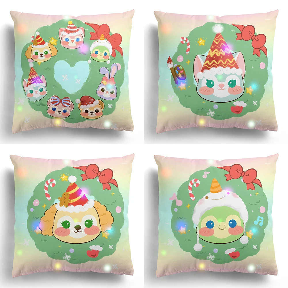 LED light Disney Christmas decoration pillowcase, cute Duffy family printed cushion cover, home decoration, without battery