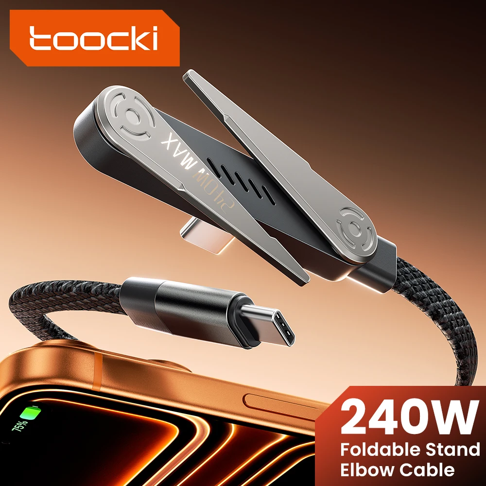 Toocki 240W Typ-C Kabel mit Integriertem Klappbarem Desktop-Telefonhalter 90 Grad Schnellladung USB-C Kabel für iPhone Samsung Macbook