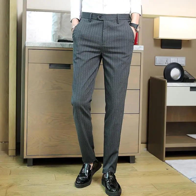 Business Man Suits Pants Slim Fit Striped Social Tailoring Tressed Trousers for Men Clothes Offer Spring High Quality Slacks Up