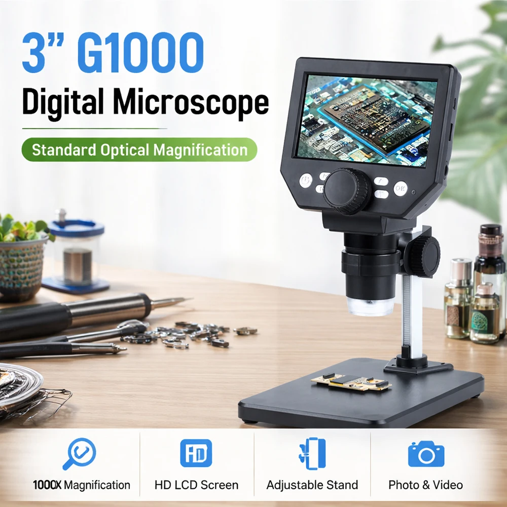 Microscópio Digital com Tela LCD de 4.3'' e Câmera 1000X 1080P com Suporte Ajustável e Luz LED para Reparo de PCB e Eletrônicos