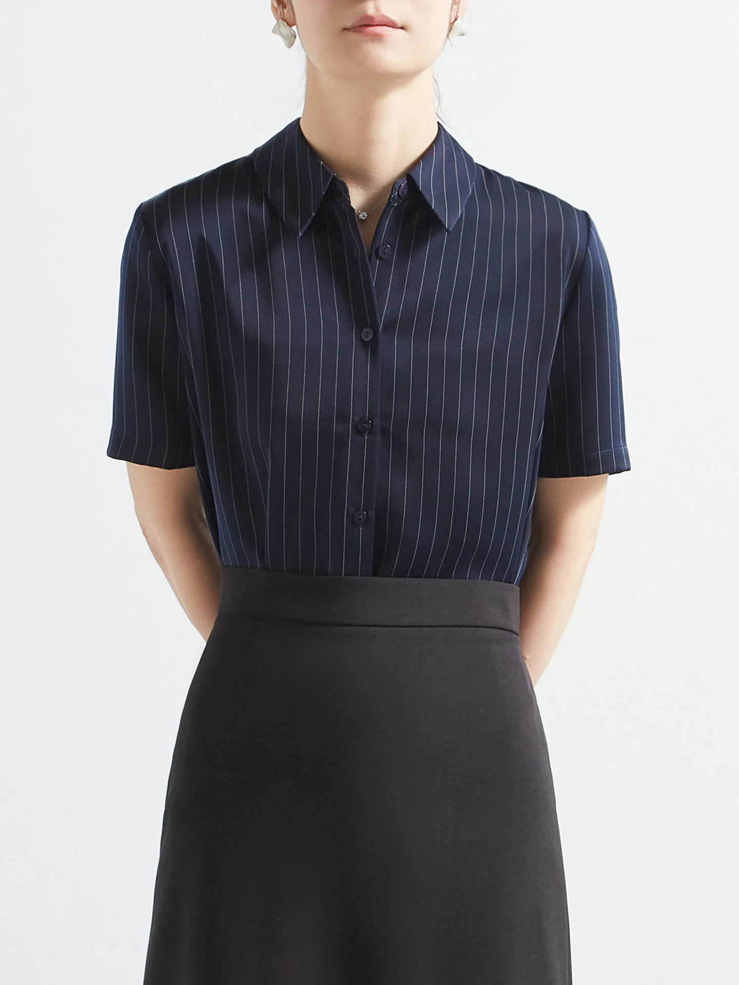 

Deep Blue Striped Satin Shirt for Women Commute Office Wear Chic Business Style Short Sleeve Button up Regular Fit Shirt