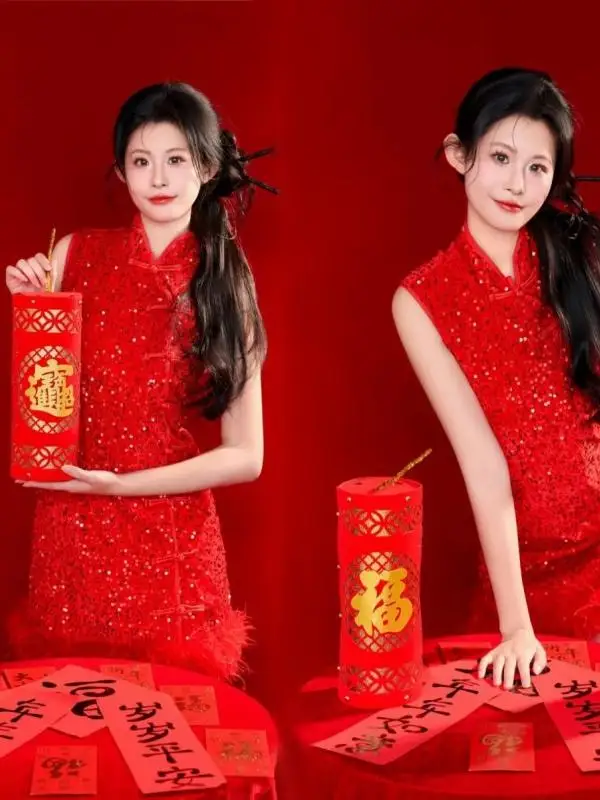 

Retro Chinese New Year Studio Photography Costume Shiny Sequin Art Photo Shoot Traditional Ethnic Stage Performance...