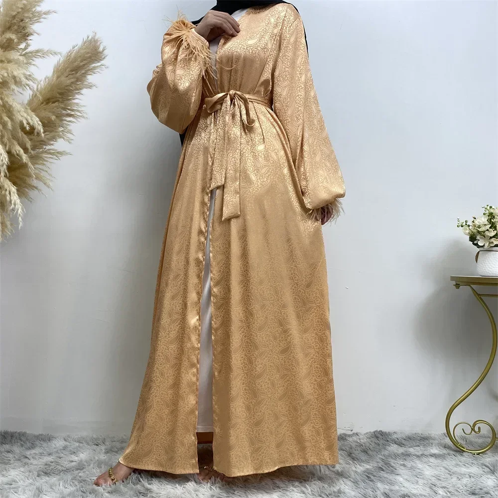 Simple Abayas for Women Maxi Dress Printed Satin Muslim Cardigan Dresses Casual Long Sleeve Feather Cardigan Long Dress Vestidos