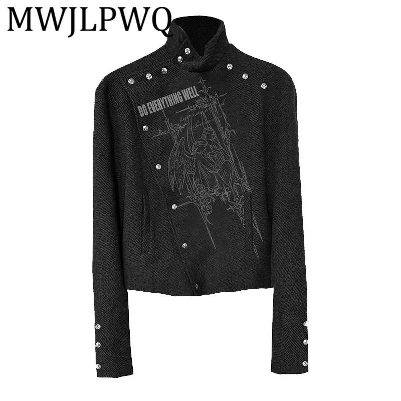 MWJLPWQ المتخصصة غير النظامية زر معدني برشام سترة الرجال شارع العليا الزخرفية تصميم أنيق كم طويل للجنسين الهيب هوب القمم 11780