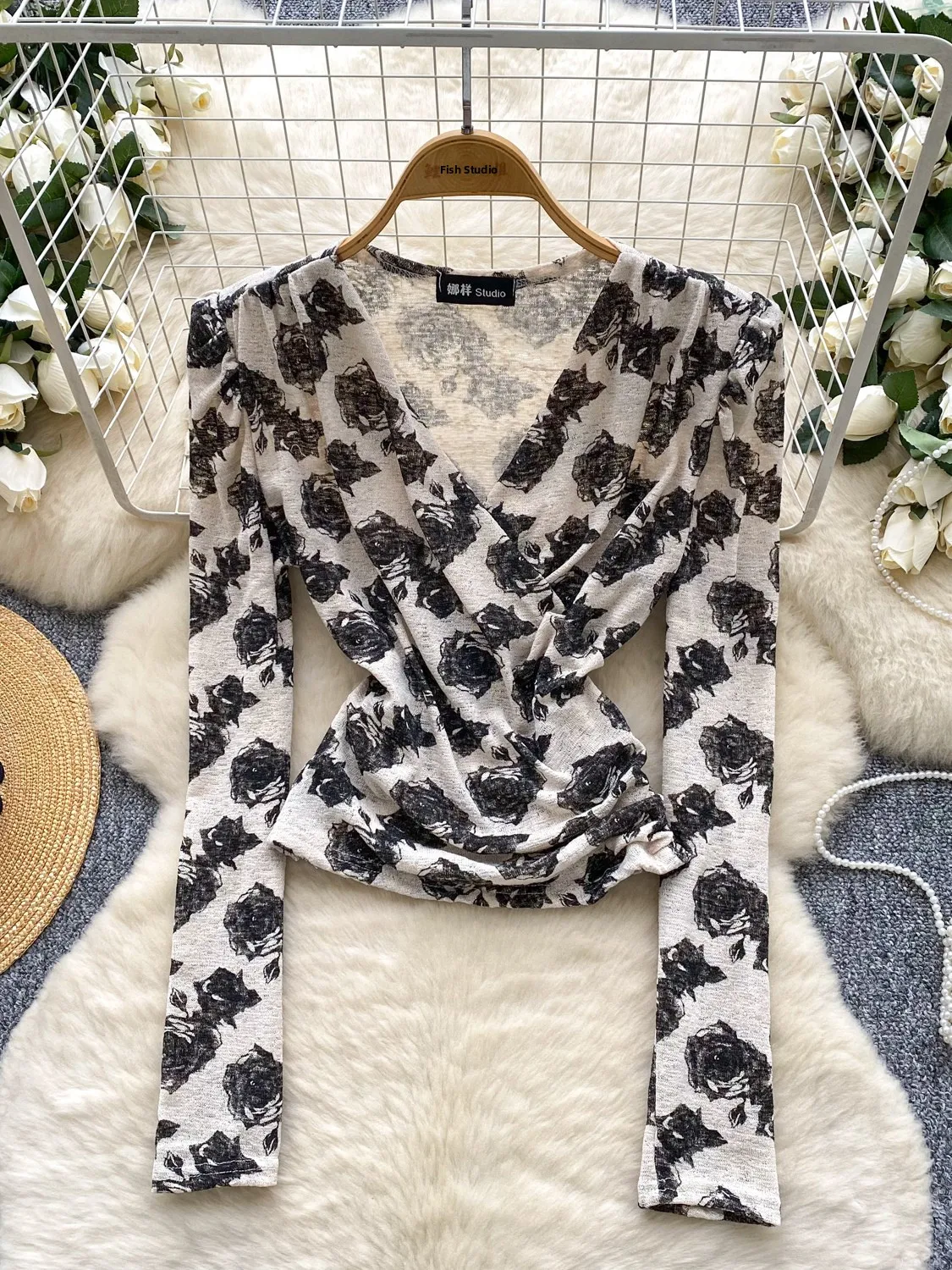 

Для похудения с цветочным принтом Cross V-Ne Long Sve Base irt Commute Sle Женская мода Осень 2023 Модный облегающий крой Boting...