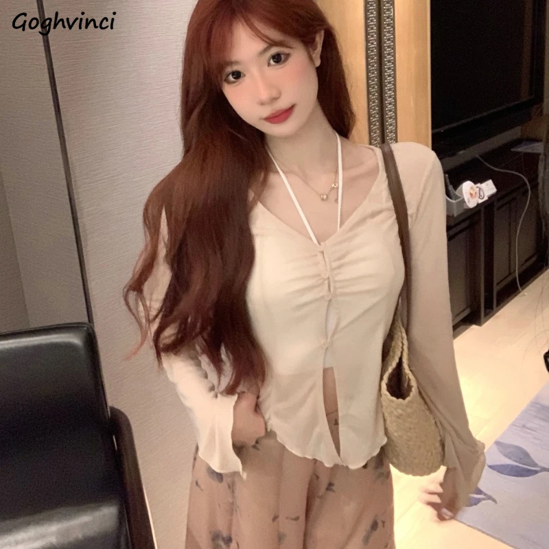 Cardigan Women Solid Folds Slightly See-through All-match Korean Fashion Streetwear Summer V-neck Flare Sleeve Female Clothing