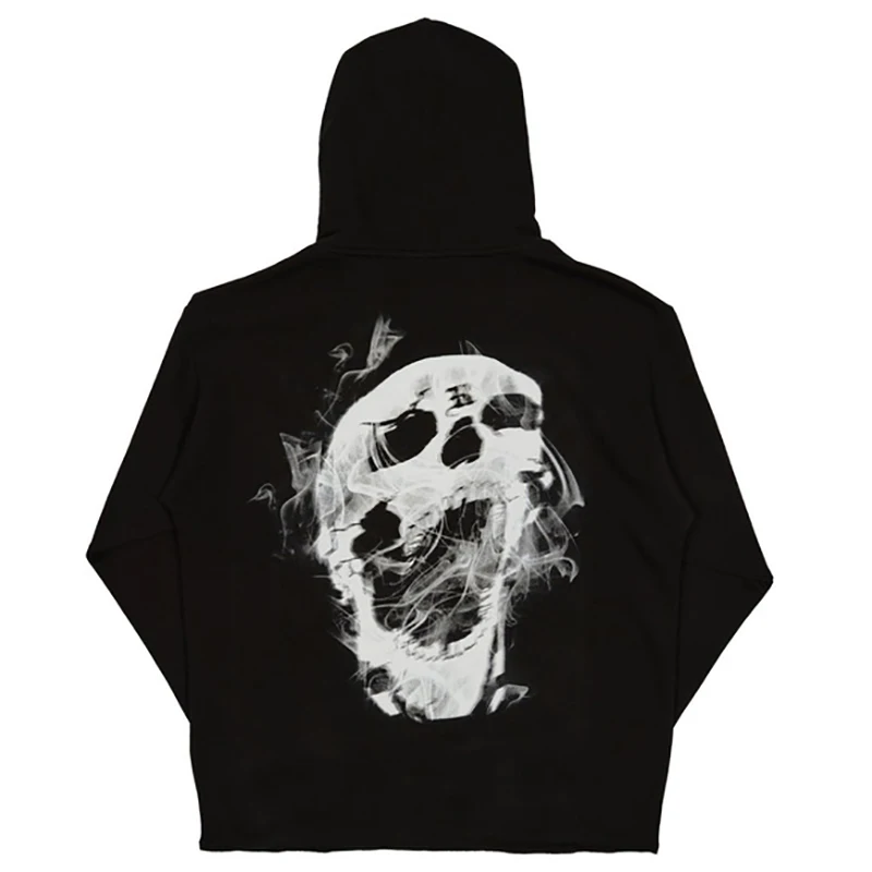 

Hip hop Trendy Men's Hooded Sweatshirt With Smoke Skull Print Pattern, High Street Punk Style And Plush Black Fashionable Coat