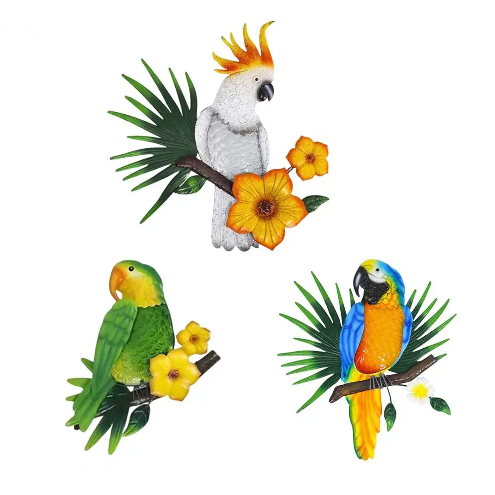 

Metal Parrots Wall Art Decor, Hand-painted Tropical Decor Parrot Flower Leaf Hanging Pendant, Outdoor Tropical Garden Ornament
