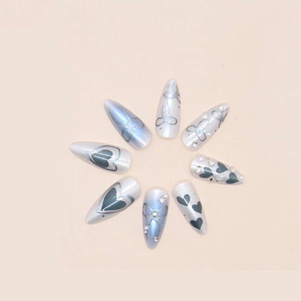 24枚入りグラデーションブルーのつけ爪セット、ダイヤモンドパールデザイン、アーモンド型、プレスオンネイル、アート、データチャブル、ボウ、フェイクネイルチップ、マニキュア