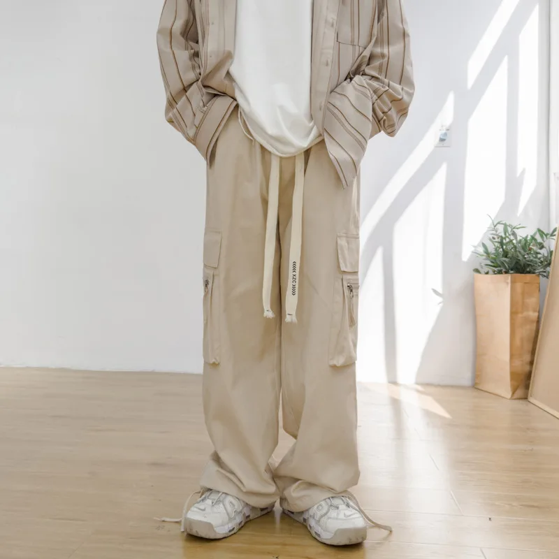 Cotton Casual Pants Men Fashion Retro Pocket Cargo Pants Men Japanese Streetwear Hip-hop Loose Wide Leg Pants Mens Trousers