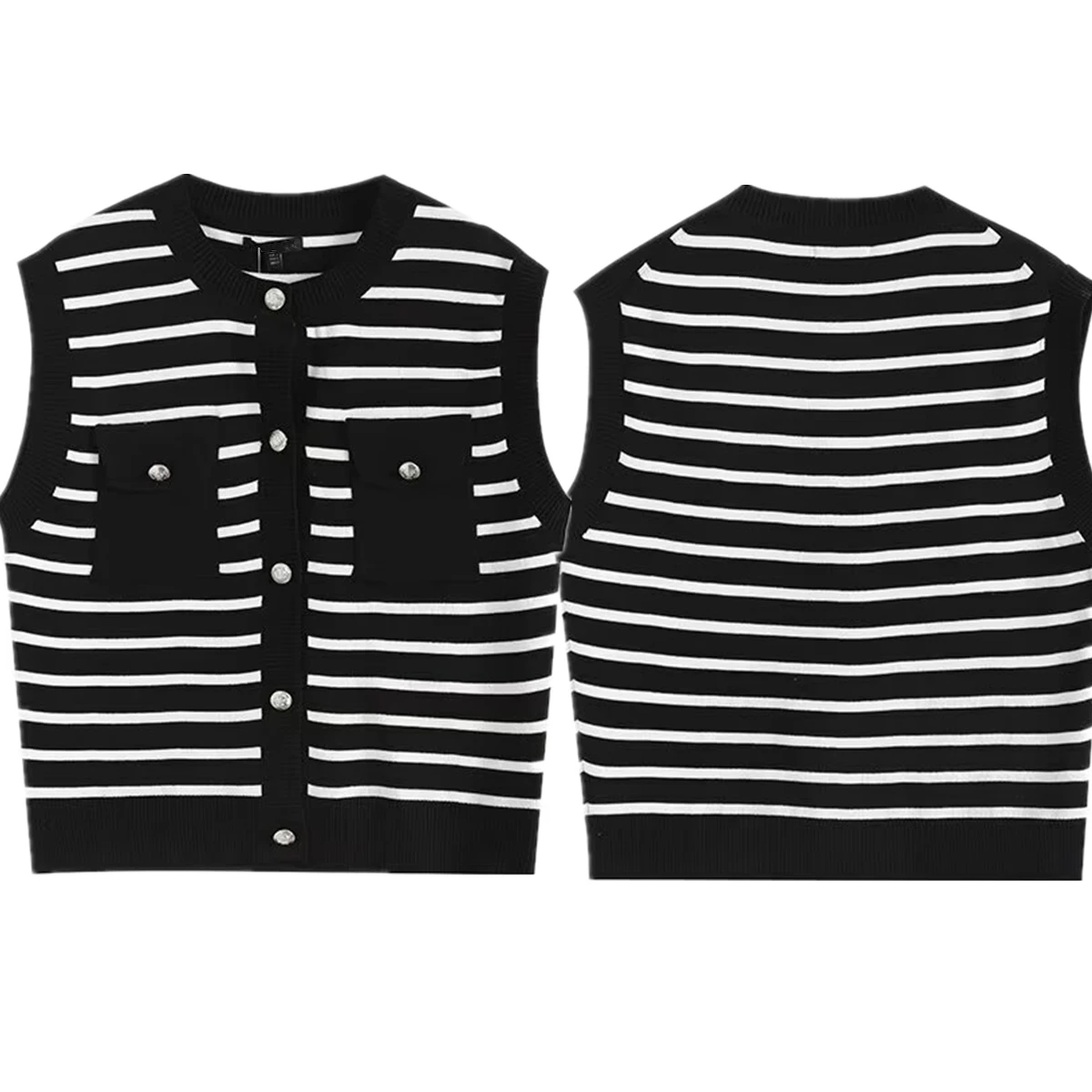 Dave&Di French Elegant Black Striped Knitted Vest Jacket Single Breasted Sleeveless Sweaters Women Tops