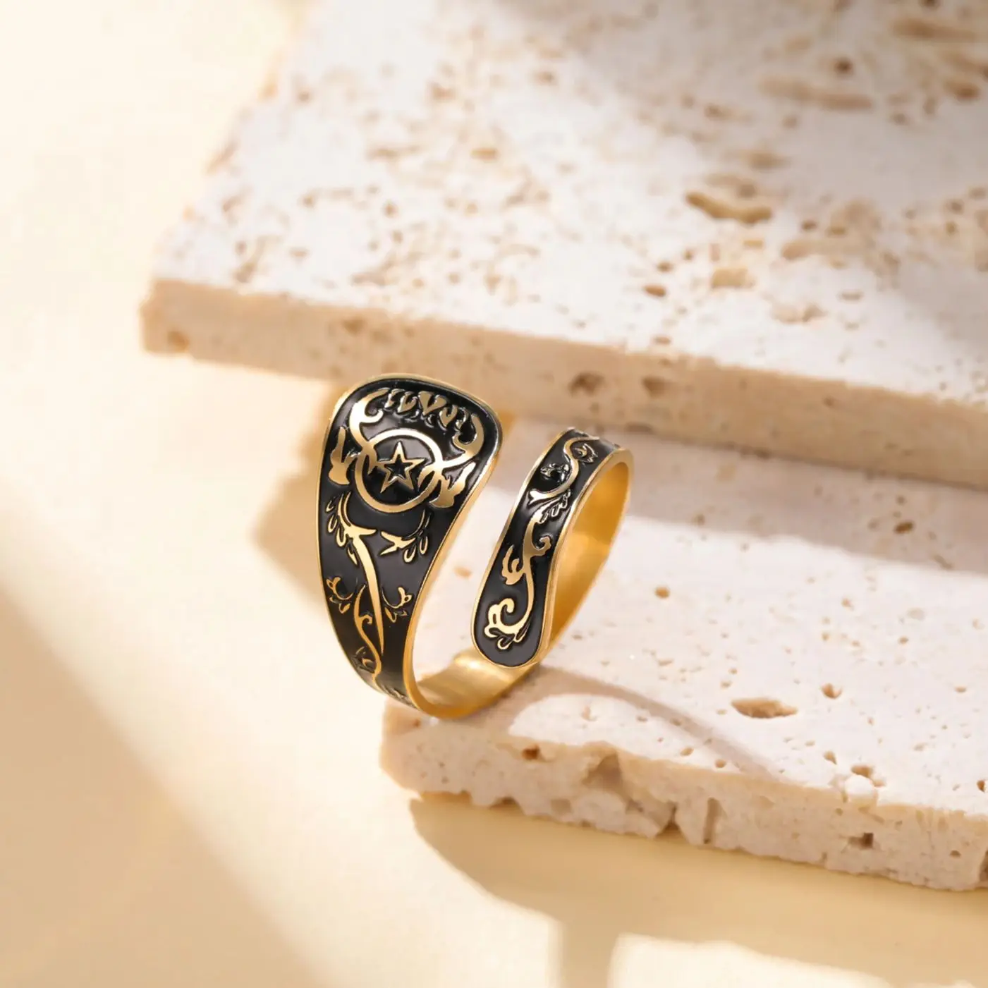 COOLTIME Stainless Steel Smearing Pentagram Adjustable Ring Vintage Amulet Spoon Ring Wicca Jewelry Gift for Men Women