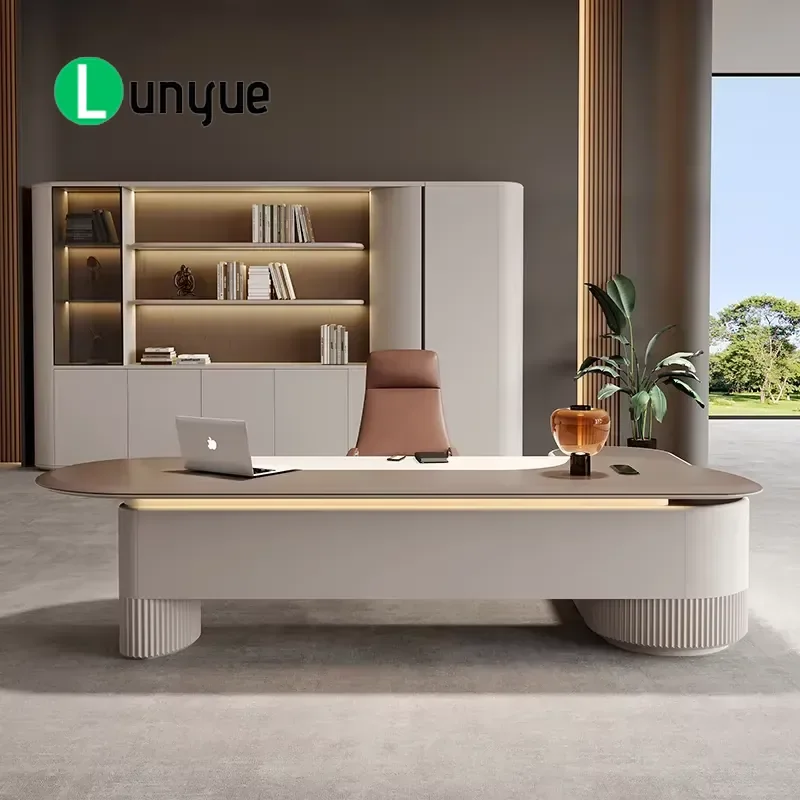Modern L-Shaped Administrative Manager Desk with Back-Shaped Cabinet and Bookcase Geometric Pattern Durable Enterprise