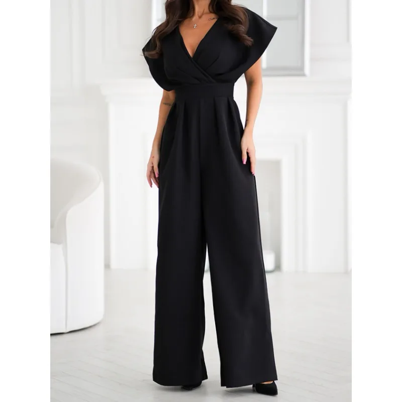 

Women's Fashion V-neck Solid Color Long Party Jumpsuit Ladies Casual Short Sleeve Waist Comfortable Long Jumpsuit