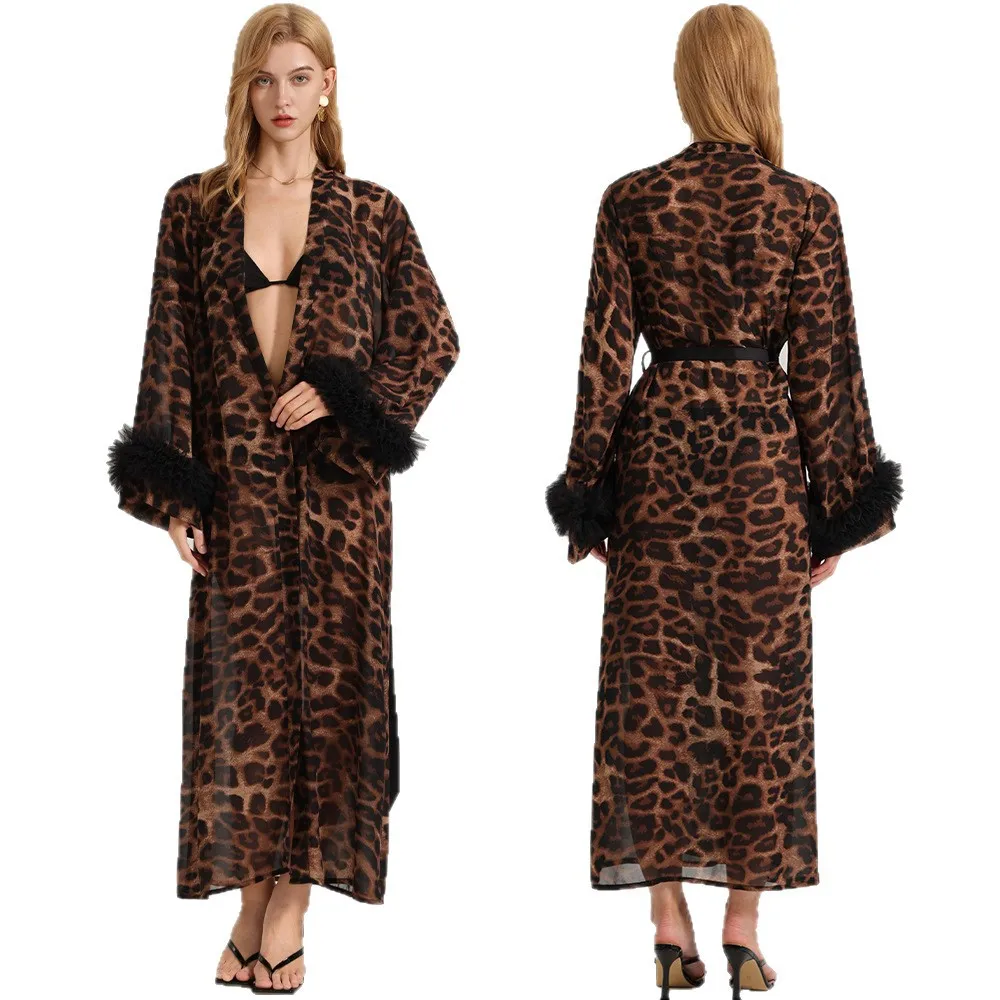New Sexy Thin Cardigan Sleepwear for Women Summer Autumn Long Sleeved Leopard Print Morning Gown Pearl Gauze Home Wear Nightgown