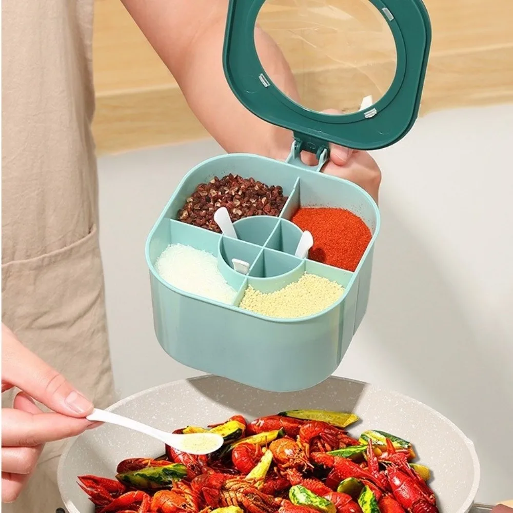 Push-type 4-In-1 Seasoning Box Leak-proof Color Blocking Seasoning Storage Box 4 Grids with Spoon Lid