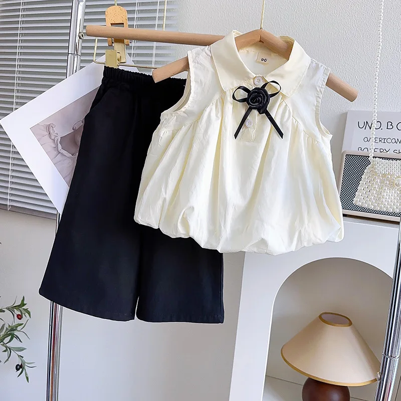 

2025Summer French Style Sleeveless Shirt for Baby Girls+Casual Pants Two-Piece Set Free Bow